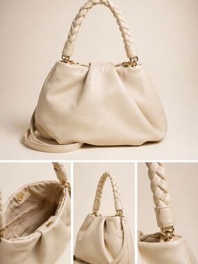 Express Cream Braided Handle Shoulder Bag | Soft Leather Hobo | Minimalist Luxur